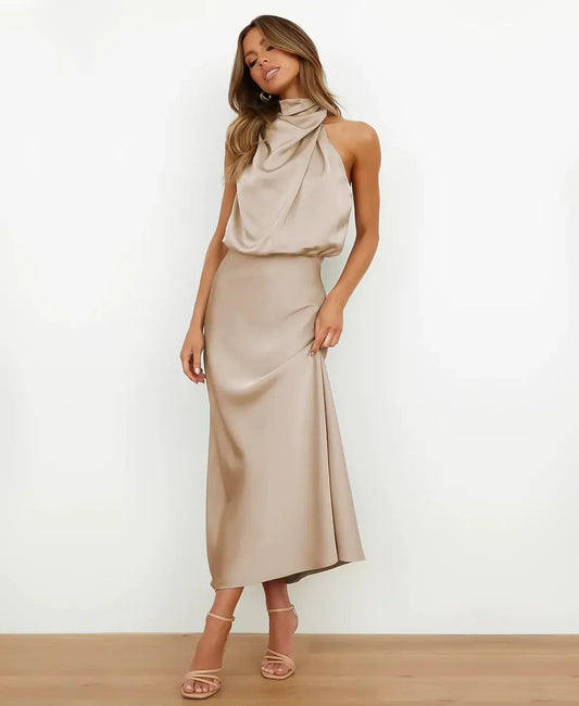 Women's Elegant Midi Dress | Cotton Blend, Sleeveless High Neck 0