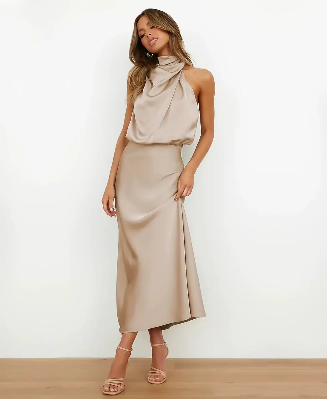 Women's Elegant Midi Dress | Cotton Blend, Sleeveless High Neck 1