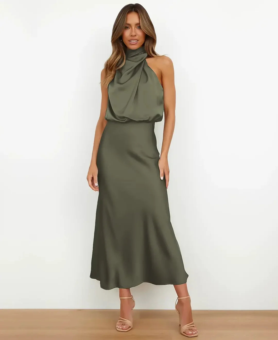 Women's Elegant Midi Dress | Cotton Blend, Sleeveless High Neck 8