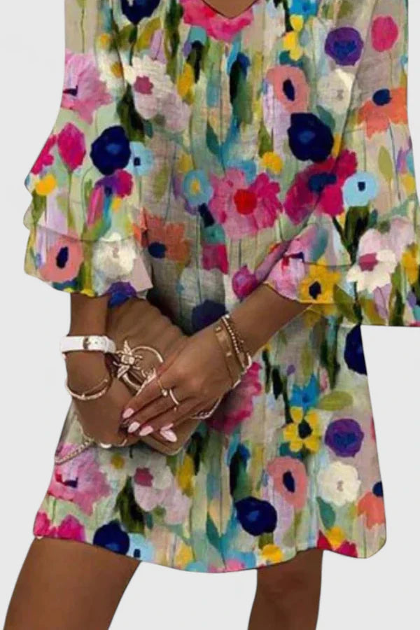 Women's Elegant Mini Dress | Floral Print, V-Neck 1