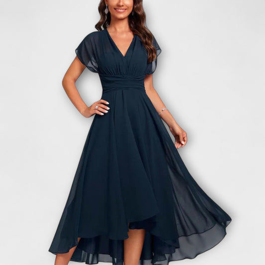 Women's Elegant White Maxi Dress | Soft V-Neck, High-Low Hem, Flutter Sleeves 0