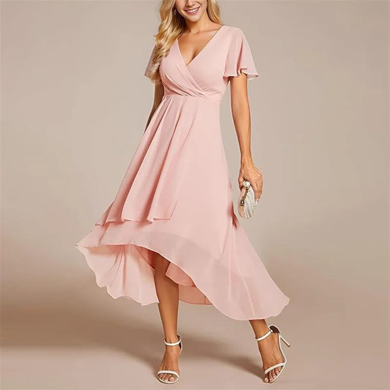 Women's Elegant White Maxi Dress | Soft V-Neck, High-Low Hem, Flutter Sleeves 2