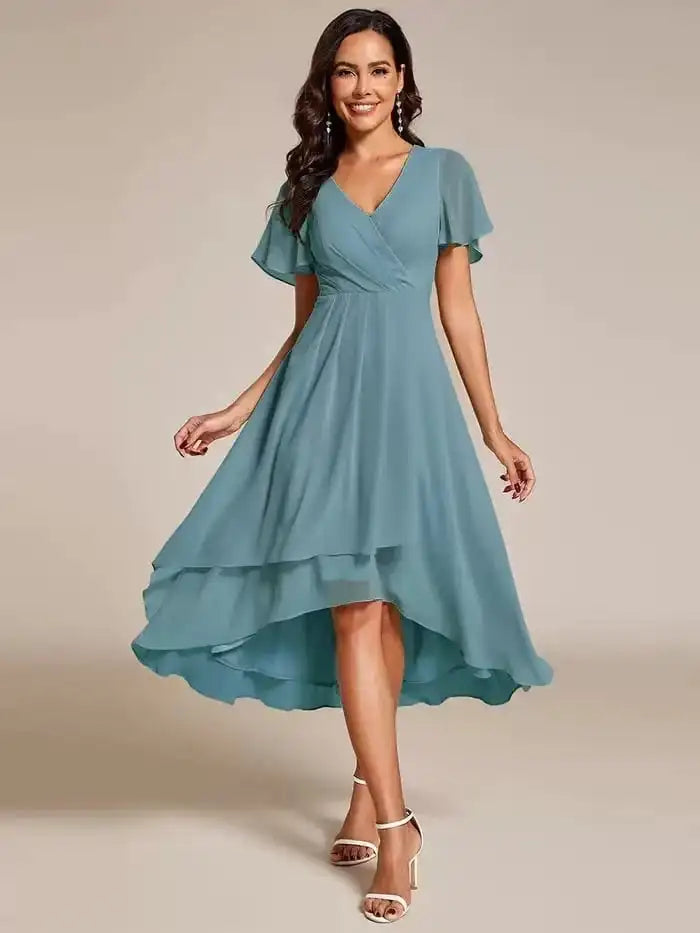 Women's Elegant White Maxi Dress | Soft V-Neck, High-Low Hem, Flutter Sleeves 5