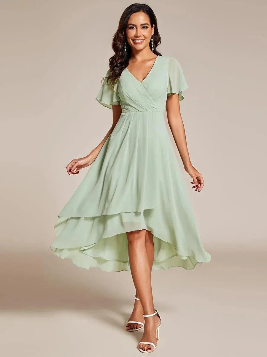 Women's Elegant White Maxi Dress | Soft V-Neck, High-Low Hem, Flutter Sleeves 7