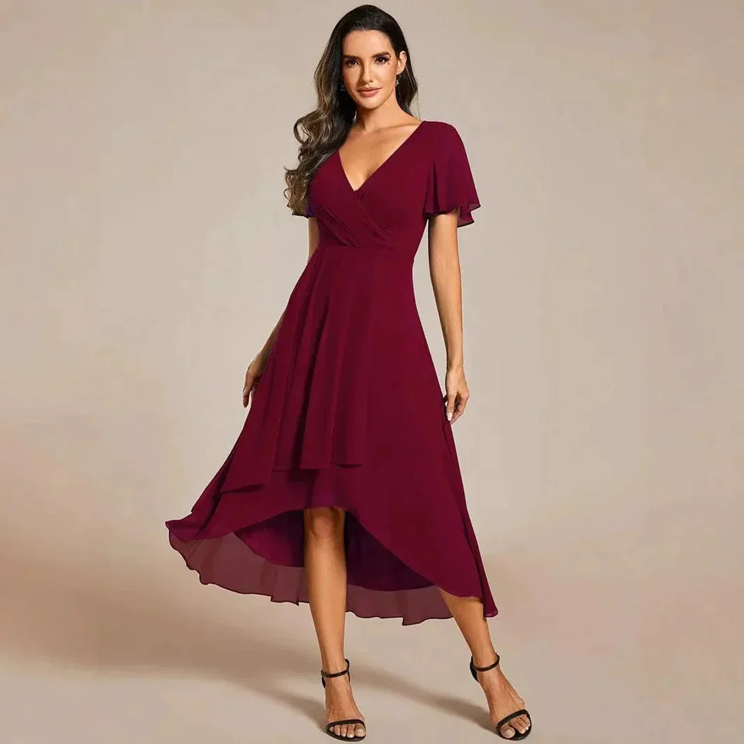 Women's Elegant White Maxi Dress | Soft V-Neck, High-Low Hem, Flutter Sleeves 8