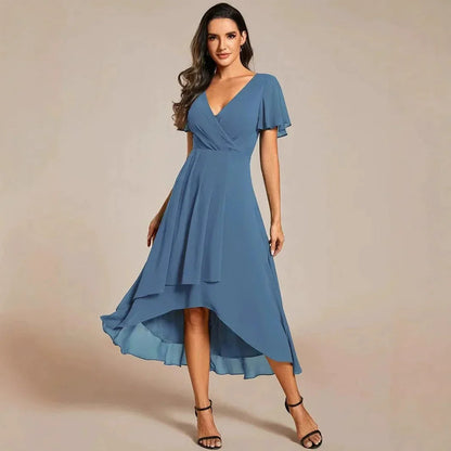 Women's Elegant White Maxi Dress | Soft V-Neck, High-Low Hem, Flutter Sleeves 9
