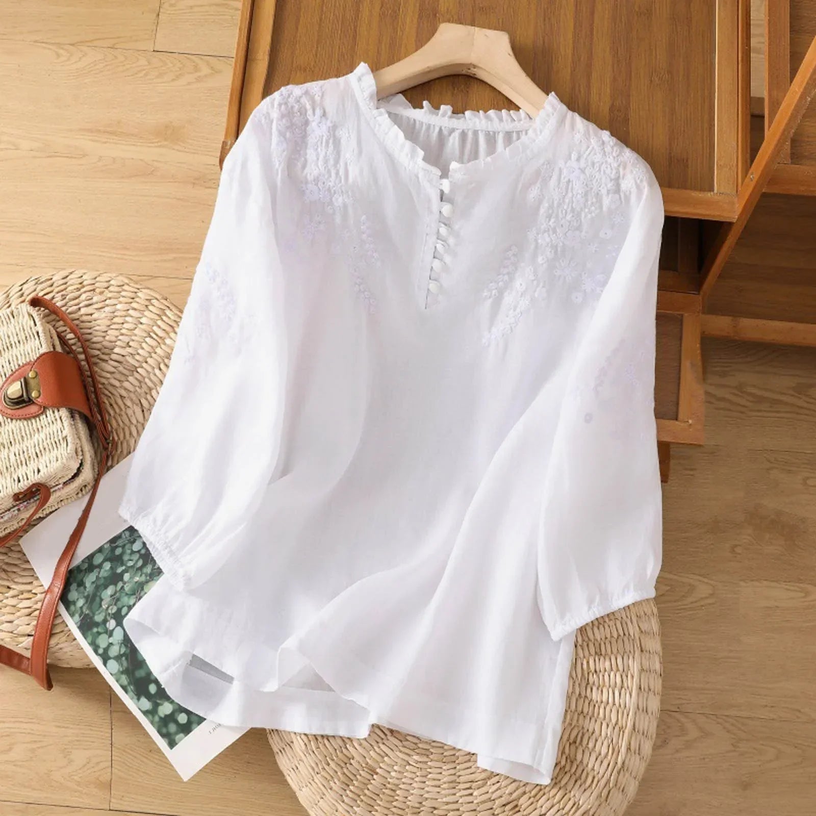 Women's Floral Button-Front Blouse | Elegant Embroidery, Lightweight Comfort 0