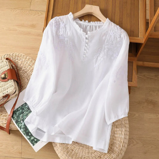 Women's Floral Button-Front Blouse | Elegant Embroidery, Lightweight Comfort 0