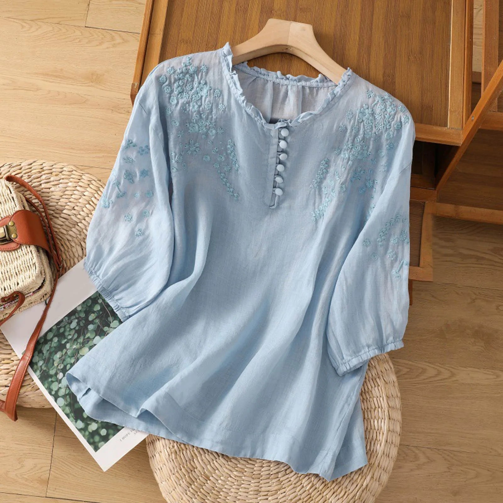 Women's Floral Button-Front Blouse | Elegant Embroidery, Lightweight Comfort 1