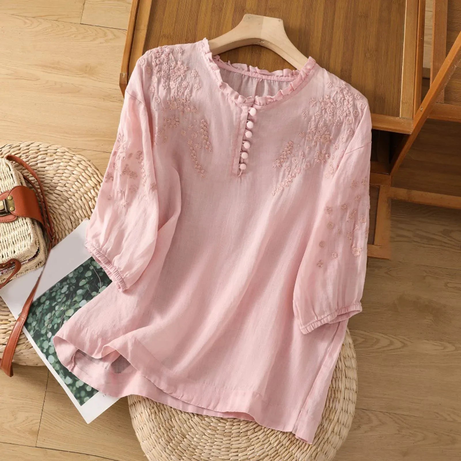 Women's Floral Button-Front Blouse | Elegant Embroidery, Lightweight Comfort 2