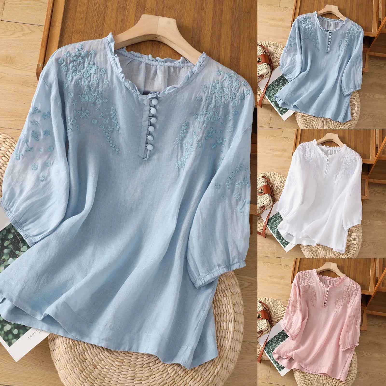 Women's Floral Button-Front Blouse | Elegant Embroidery, Lightweight Comfort 4