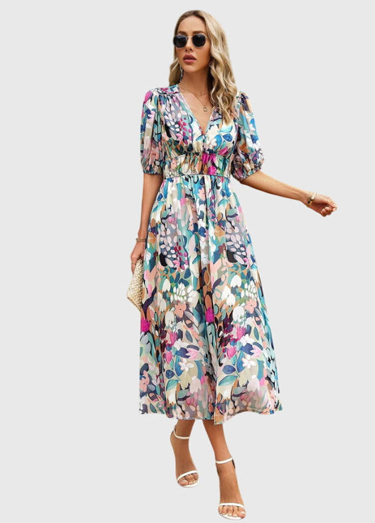 Women's Floral Midi Dress | Smocked Waist, Elegant Design 0