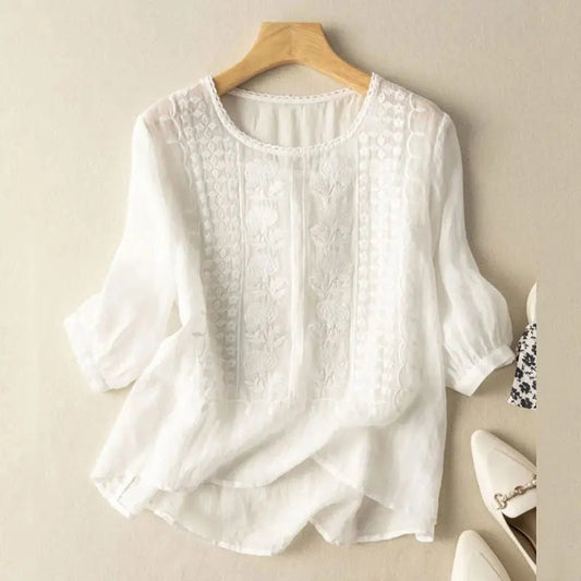 Women's Floral Relaxed Blouse | Elegant Embroidery, Comfortable Long Sleeve Top 0