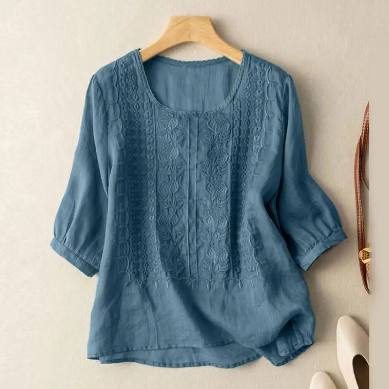 Women's Floral Relaxed Blouse | Elegant Embroidery, Comfortable Long Sleeve Top 1