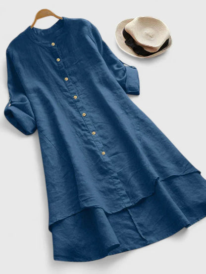 Women's High-Low Summer Dress | Flowy Hem, Mandarin Collar 0