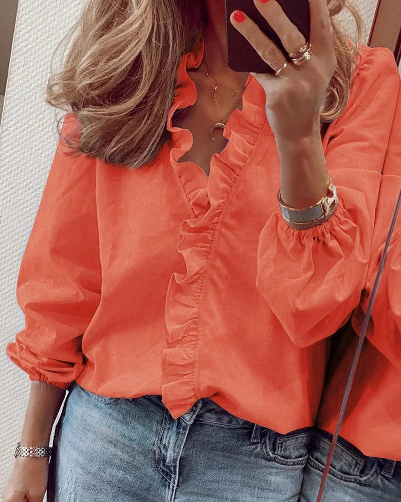 Women's Puff Sleeve Blouse | Soft Fabric with Ruffled Neckline 1