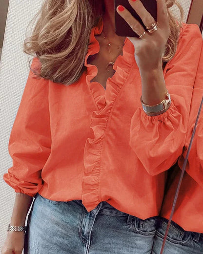 Women's Puff Sleeve Blouse | Soft Fabric with Ruffled Neckline 1