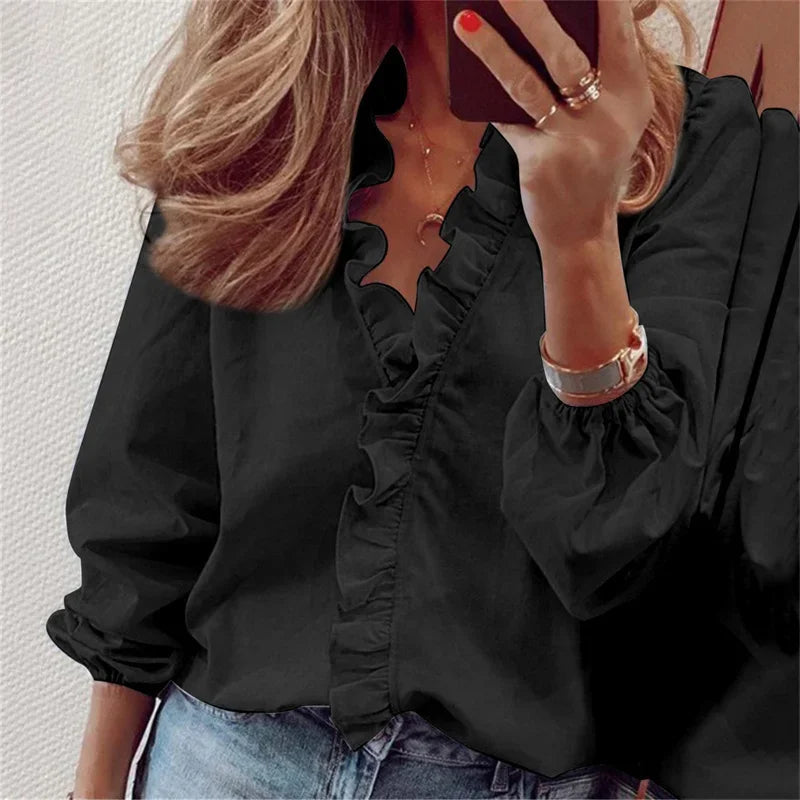 Women's Puff Sleeve Blouse | Soft Fabric with Ruffled Neckline 3