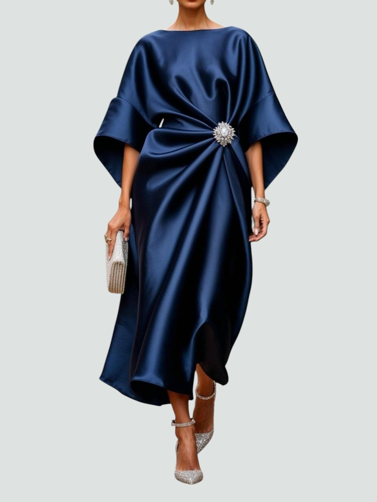 Women's Satin Midi Dress | Gathered Waist with Brooch, Elegant Formal Style 0