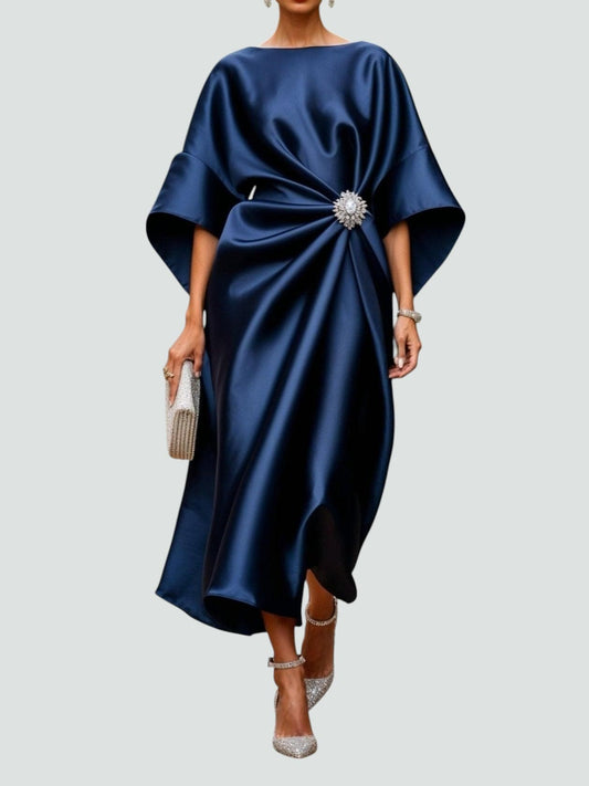 Women's Satin Midi Dress | Gathered Waist with Brooch, Elegant Formal Style 0