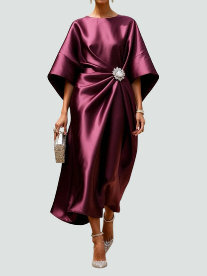 Women's Satin Midi Dress | Gathered Waist with Brooch, Elegant Formal Style 1