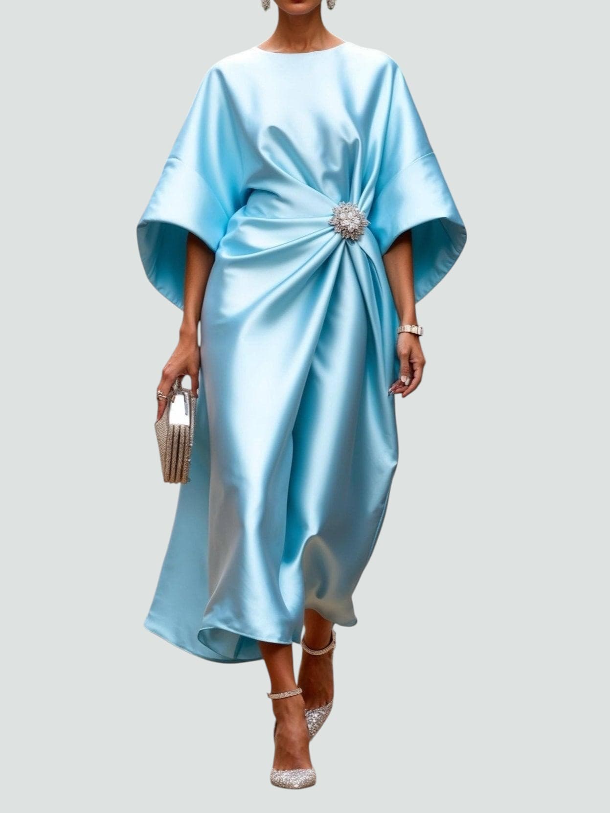 Women's Satin Midi Dress | Gathered Waist with Brooch, Elegant Formal Style 2