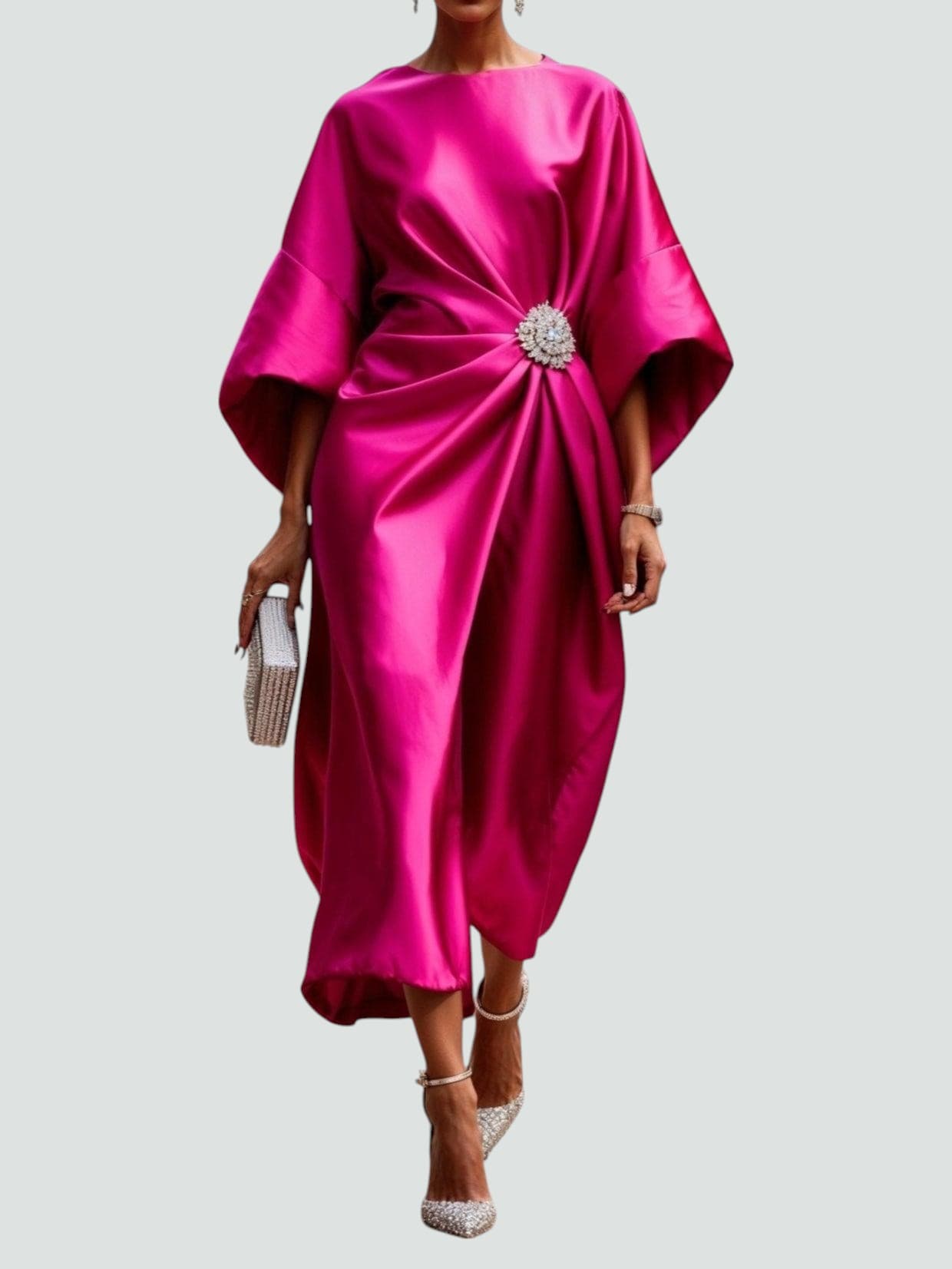 Women's Satin Midi Dress | Gathered Waist with Brooch, Elegant Formal Style 3