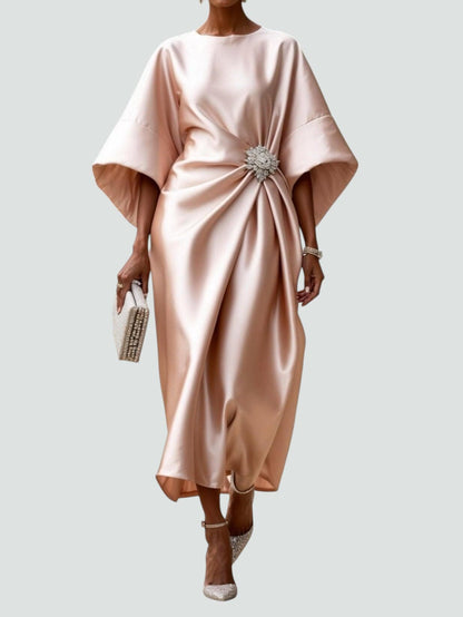 Women's Satin Midi Dress | Gathered Waist with Brooch, Elegant Formal Style 4