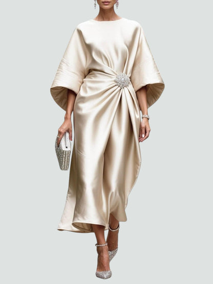 Women's Satin Midi Dress | Gathered Waist with Brooch, Elegant Formal Style 5