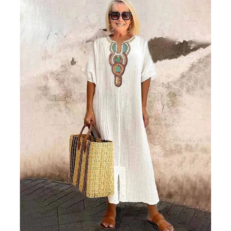 Women's Summer Maxi Dress | Embroidered Linen Blend, Casual Elegance 0