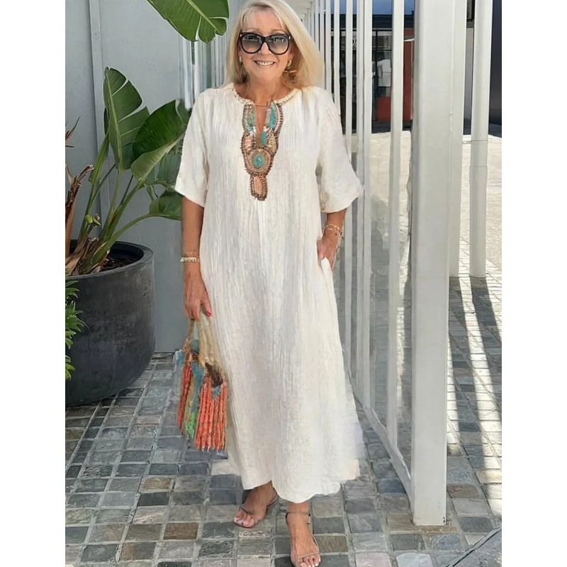 Women's Summer Maxi Dress | Embroidered Linen Blend, Casual Elegance 1