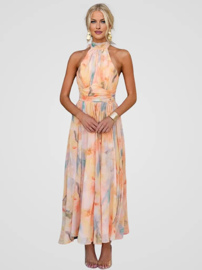 Women's Summer Midi Dress | Airy Halter Neck, Watercolor Print 0