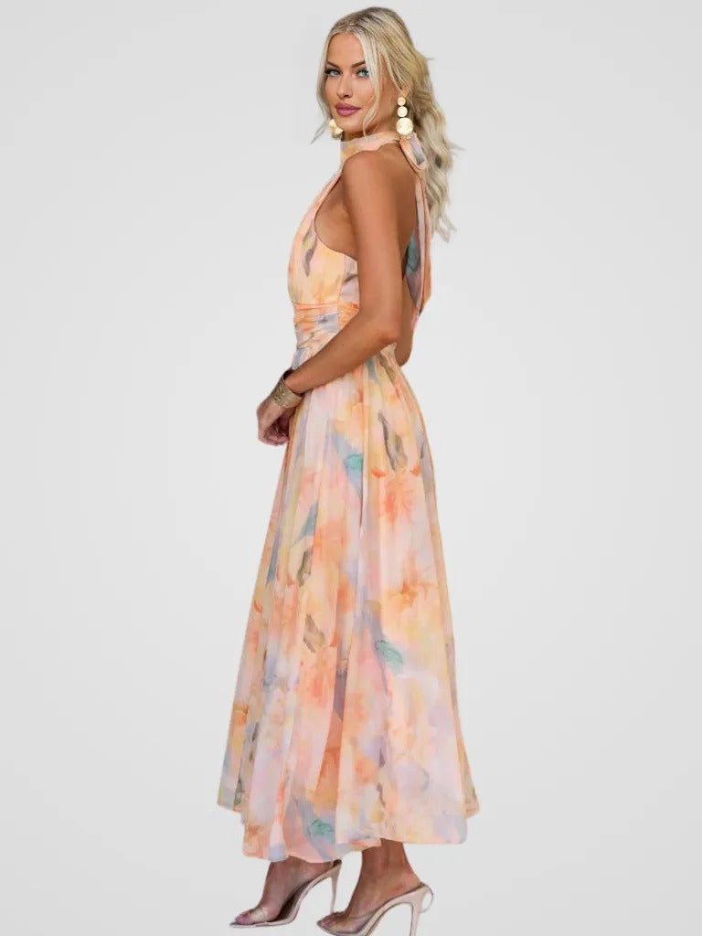 Women's Summer Midi Dress | Airy Halter Neck, Watercolor Print 1