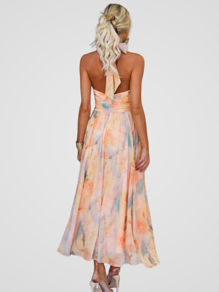Women's Summer Midi Dress | Airy Halter Neck, Watercolor Print 2