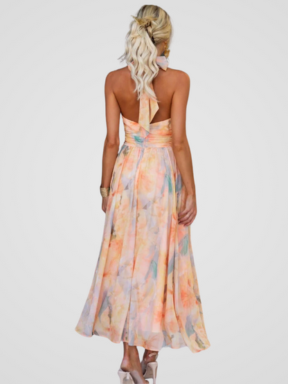 Women's Summer Midi Dress | Airy Halter Neck, Watercolor Print 2