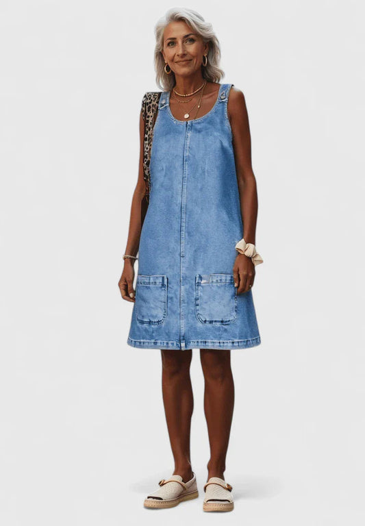 Women's Summer Midi Dress | Denim Look with Pockets, Casual 0
