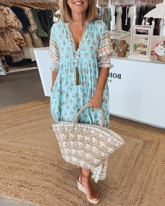 Women's Summer Midi Dress | Printed V Neck, Casual Comfort 0