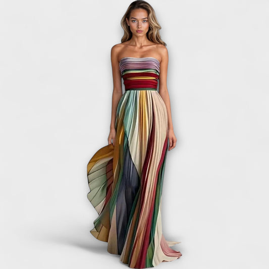 Women's Vibrant Strapless Summer Dress | Pleated Design, Elegant 0