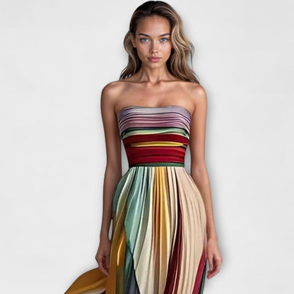 Women's Vibrant Strapless Summer Dress | Pleated Design, Elegant 1