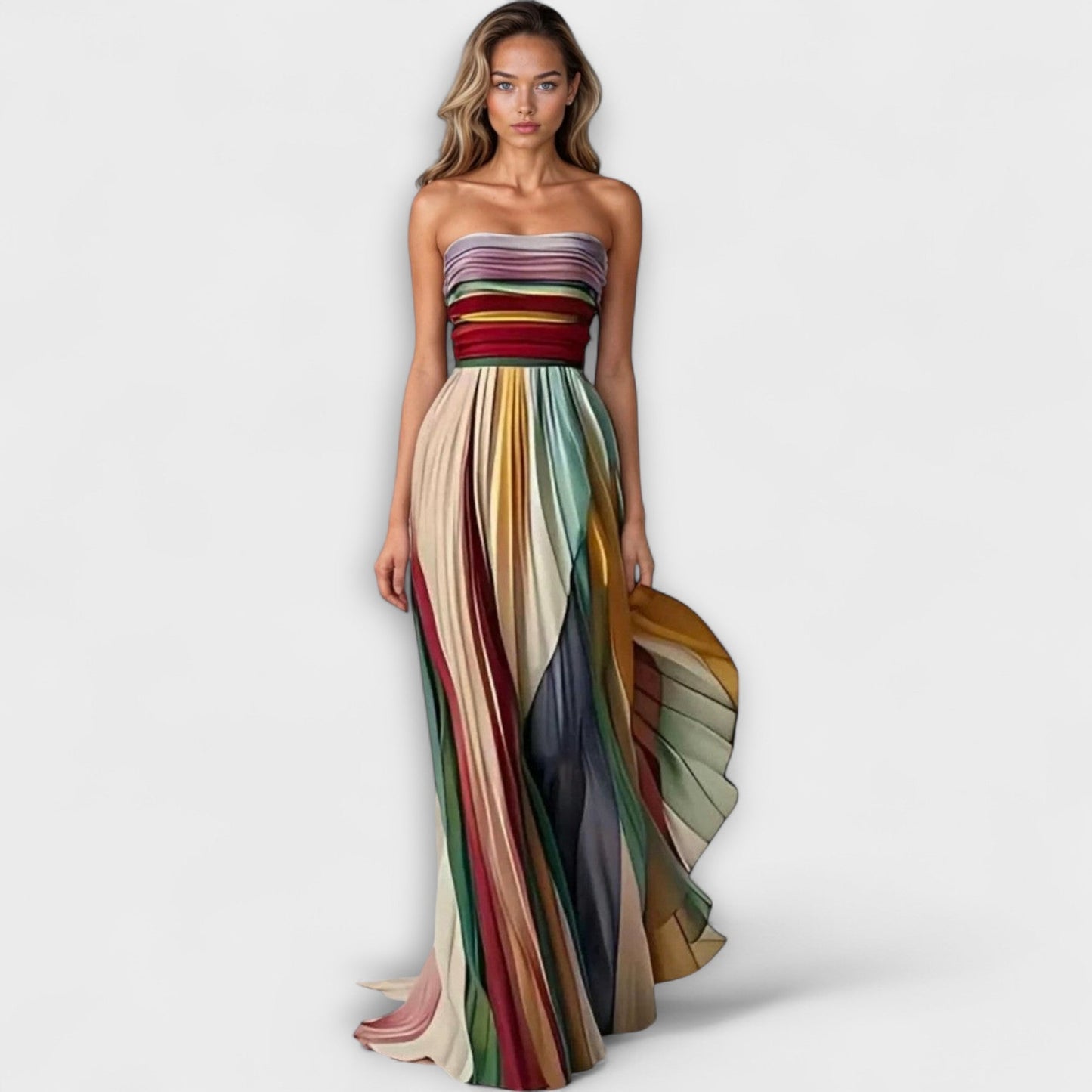Women's Vibrant Strapless Summer Dress | Pleated Design, Elegant 2