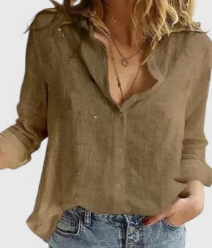 Women's White Linen Button Down Shirt | Soft Wavy Lapel Collar, Relaxed Fit 3