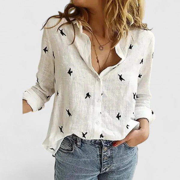 Women's White Linen Button Down Shirt | Soft Wavy Lapel Collar, Relaxed Fit 8